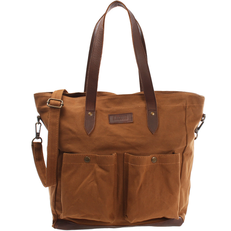 Leconi Shopper Beuteltasche Damentasche Canvas Leder cognac LE0040