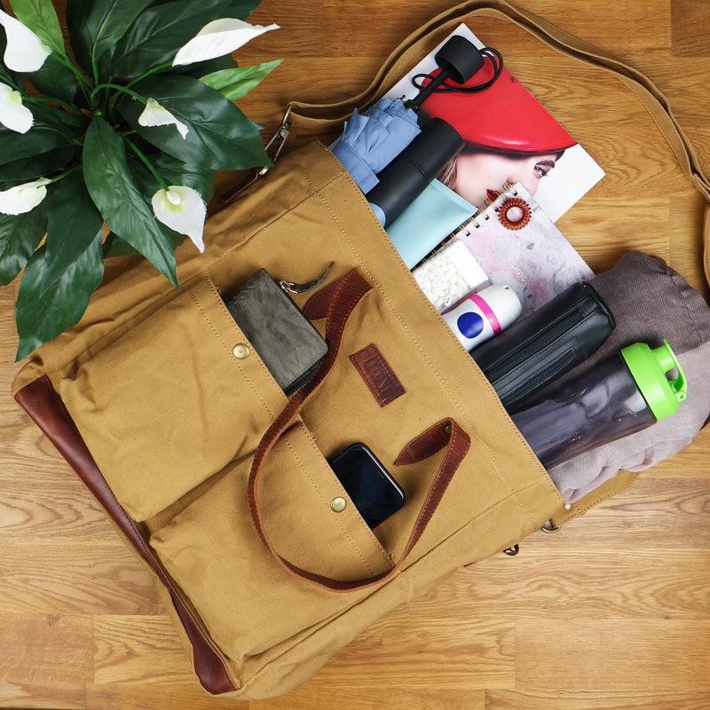 Leconi Shopper Beuteltasche Damentasche Canvas Leder cognac LE0040 Riesige Rabatte