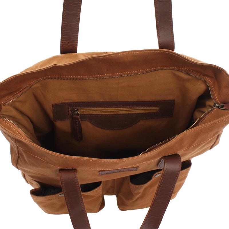 Leconi Shopper Beuteltasche Damentasche Canvas Leder cognac LE0040 Riesige Rabatte