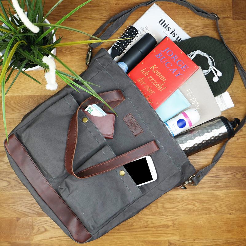 Leconi Shopper Beuteltasche Damentasche Canvas Leder grau LE0040 50% Rabatt mit kostenlosem Versand