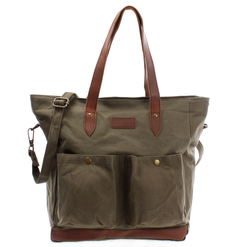 Leconi Shopper Beuteltasche Damentasche Canvas Leder grün LE0040