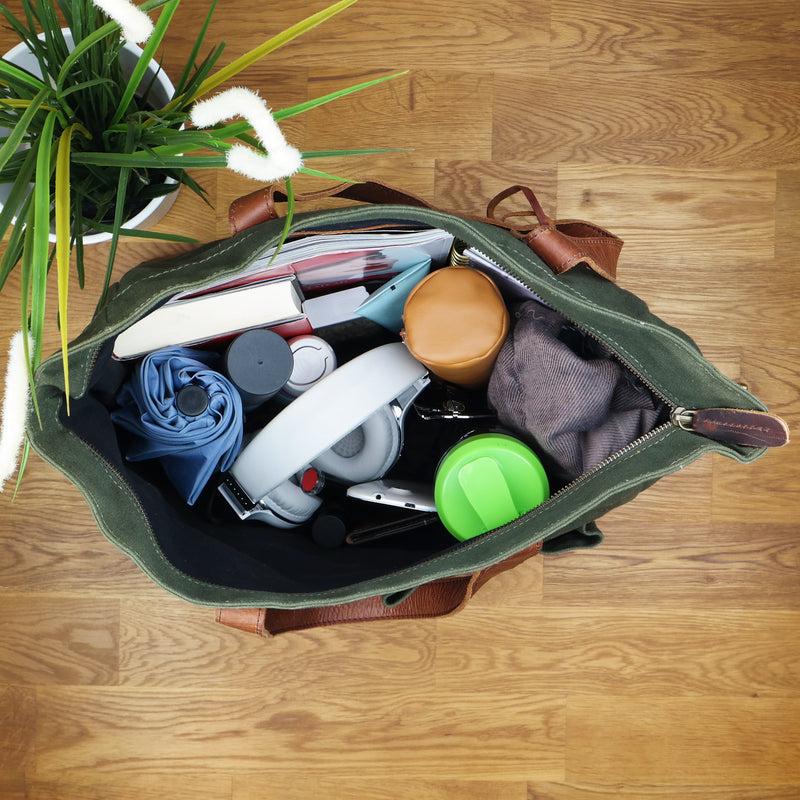Leconi Shopper Beuteltasche Damentasche Canvas Leder grün LE0040 Clearance-Verkauf