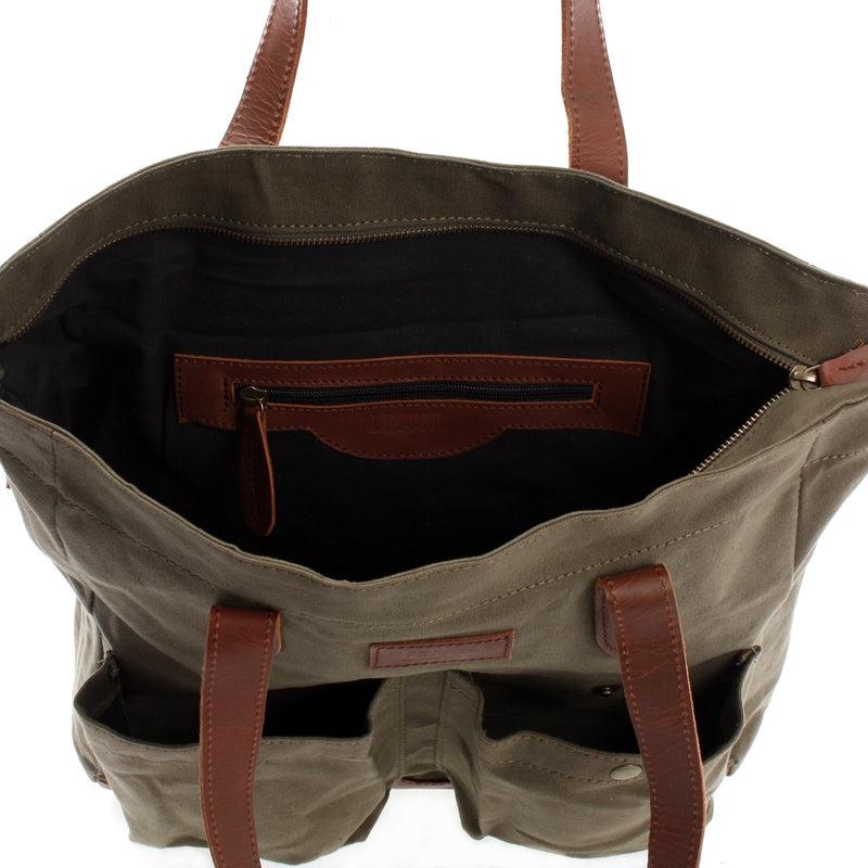 Leconi Shopper Beuteltasche Damentasche Canvas Leder grün LE0040 Clearance-Verkauf