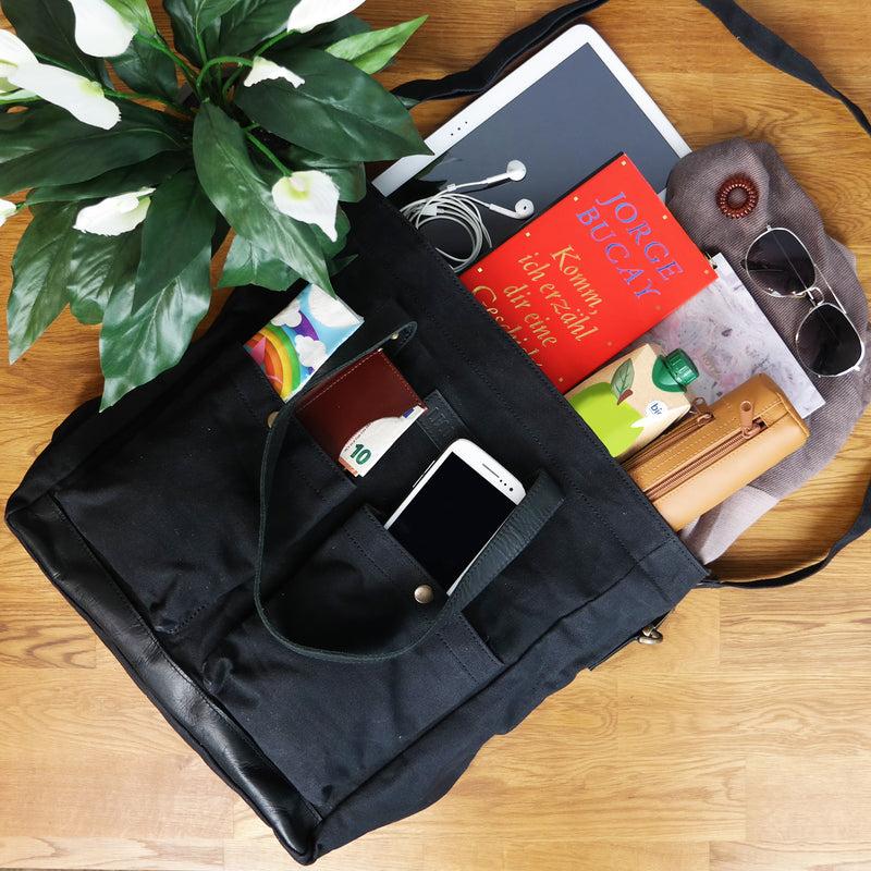 Leconi Shopper Beuteltasche Damentasche Canvas Leder schwarz LE0040 Kostenloser Versand international
