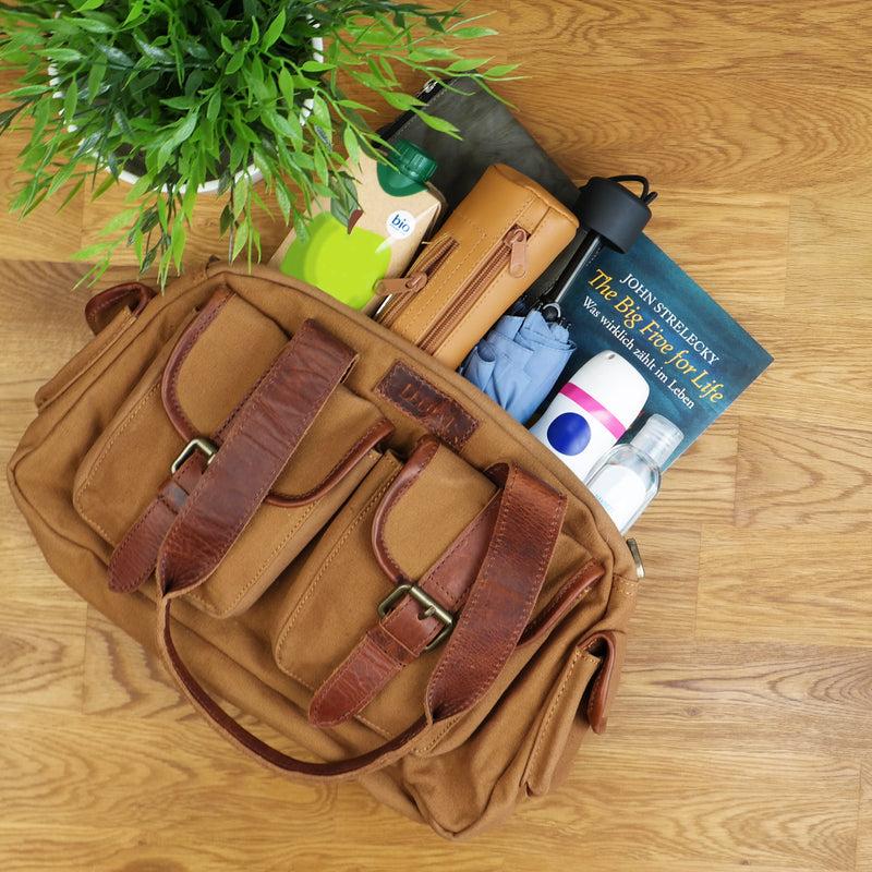Leconi Henkeltasche Schultertasche Canvas Leder cognac LE0042 Fabrikladen