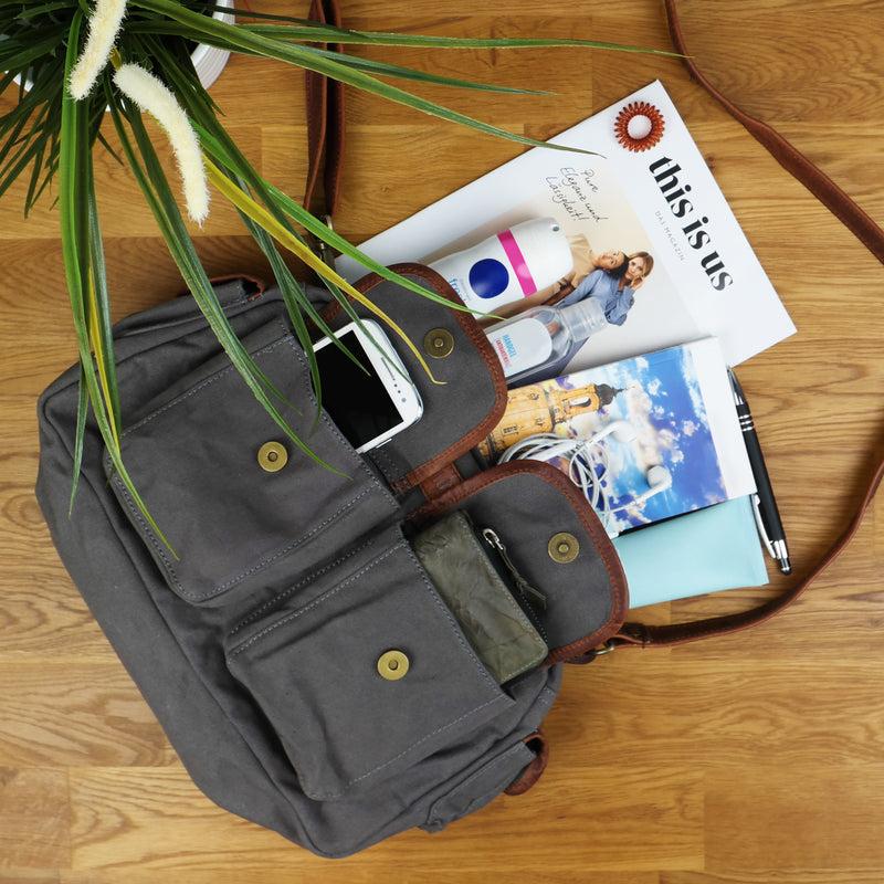 Leconi Schultertasche Damentasche Canvas Leder grau LE0042 Begrenzt auf 3 Tage
