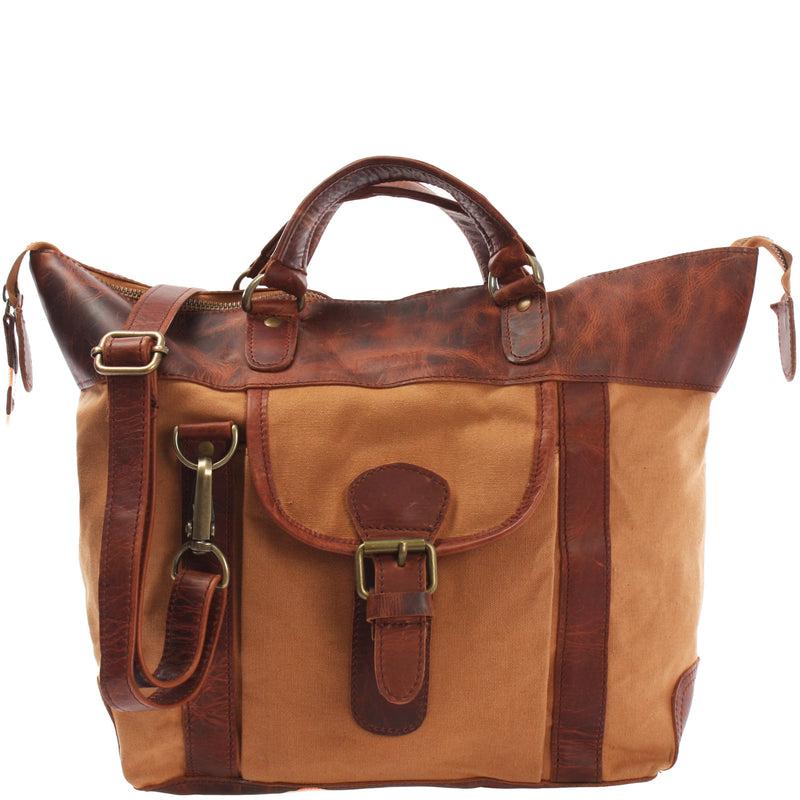 Leconi Henkeltasche Damentasche Canvas Leder cognac LE0043