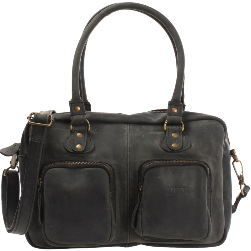 Leconi Schultertasche Handtasche Henkeltasche Damen Leder grau LE0046