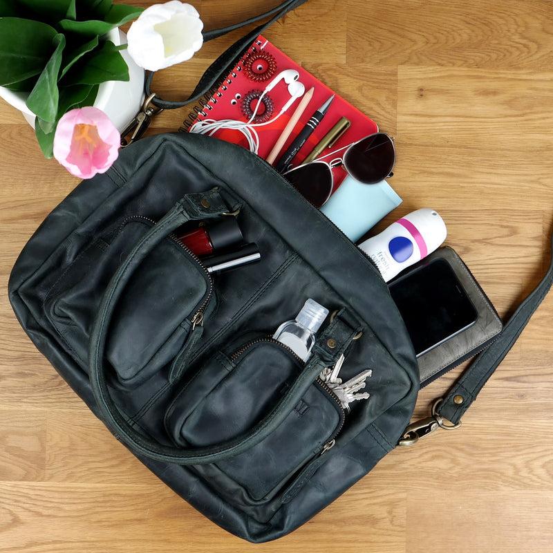 Leconi Schultertasche Handtasche Henkeltasche Damen Leder grau LE0046 zollfrei