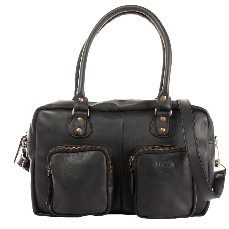 Leconi Schultertasche Handtasche Henkeltasche Damen Leder schwarz LE0046