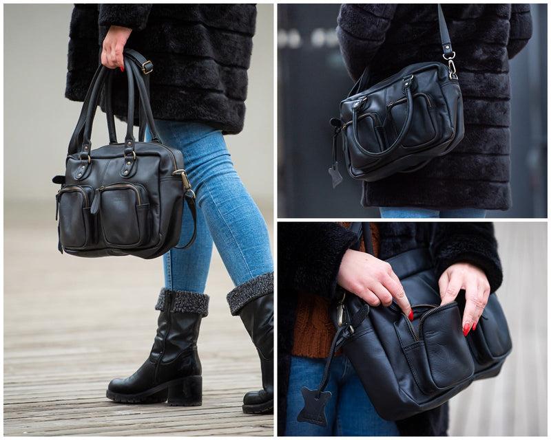 Leconi Schultertasche Handtasche Henkeltasche Damen Leder schwarz LE0046 Rabatte dieses Monats