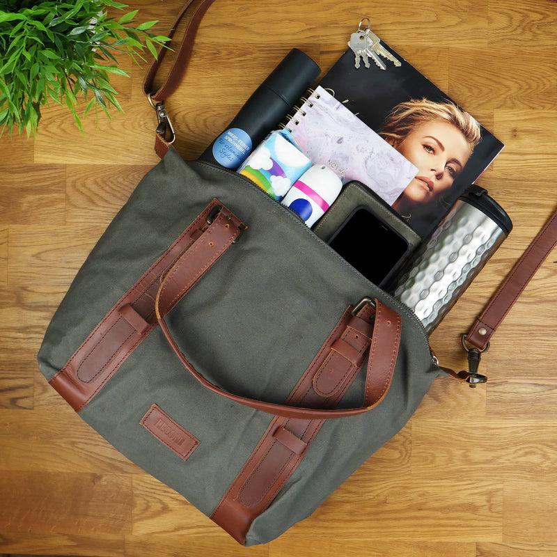Leconi Schultertasche Henkeltasche Handtasche Leder Canvas grau LE0049 2025