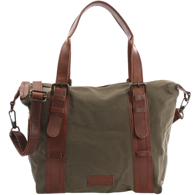 Leconi Schultertasche Henkeltasche Handtasche Leder Canvas grün LE0049