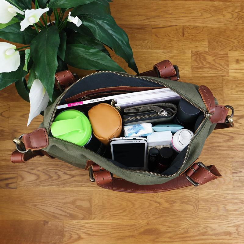 Leconi Schultertasche Henkeltasche Handtasche Leder Canvas grün LE0049 Online