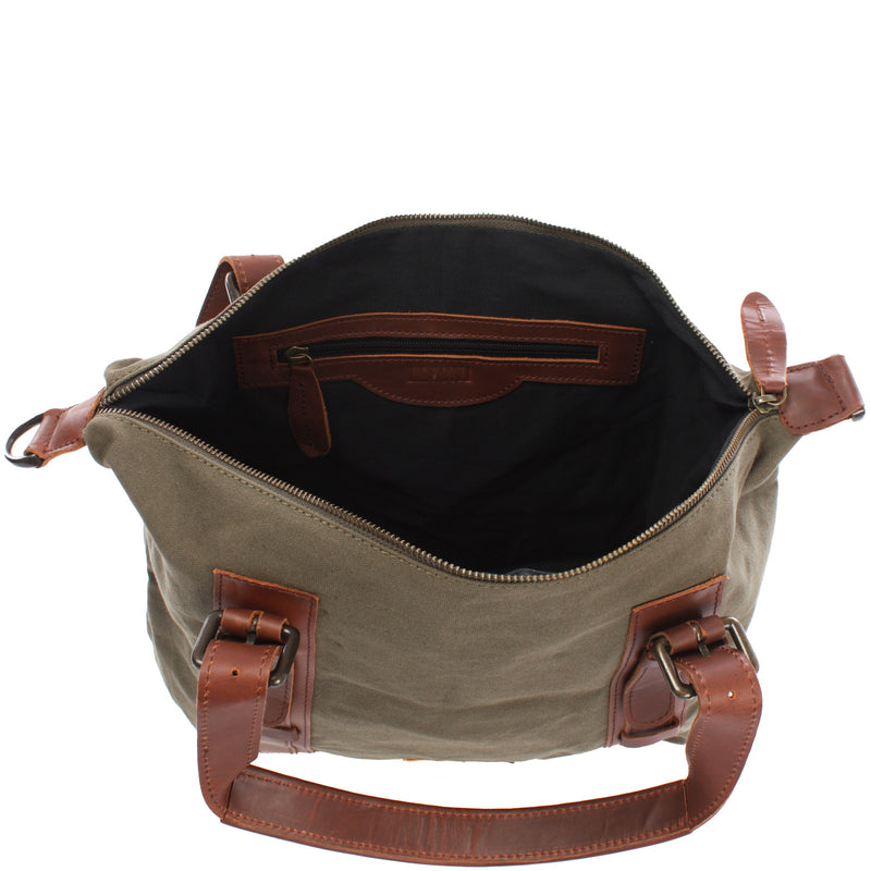 Leconi Schultertasche Henkeltasche Handtasche Leder Canvas grün LE0049 Online