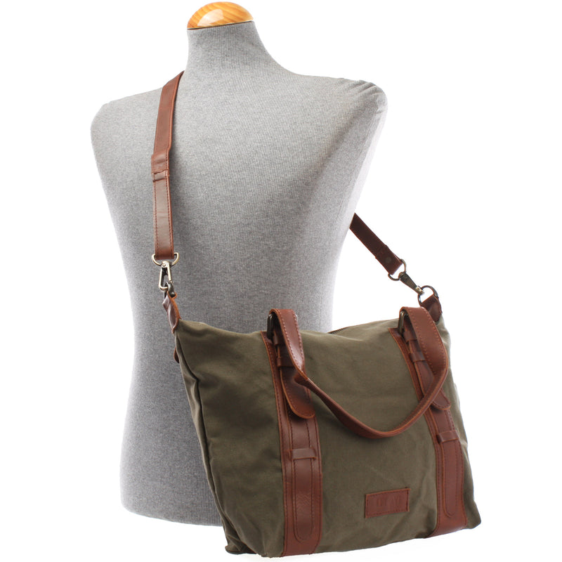 Leconi Schultertasche Henkeltasche Handtasche Leder Canvas grün LE0049 Online