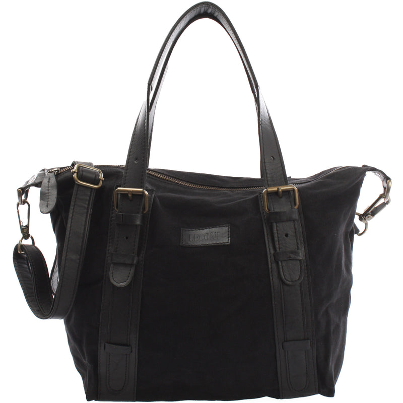 Leconi Schultertasche Henkeltasche Handtasche Leder Canvas schwarz LE0049