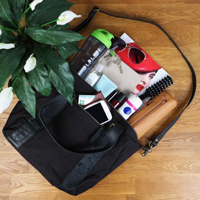 Leconi Schultertasche Henkeltasche Handtasche Leder Canvas schwarz LE0049 Outlet