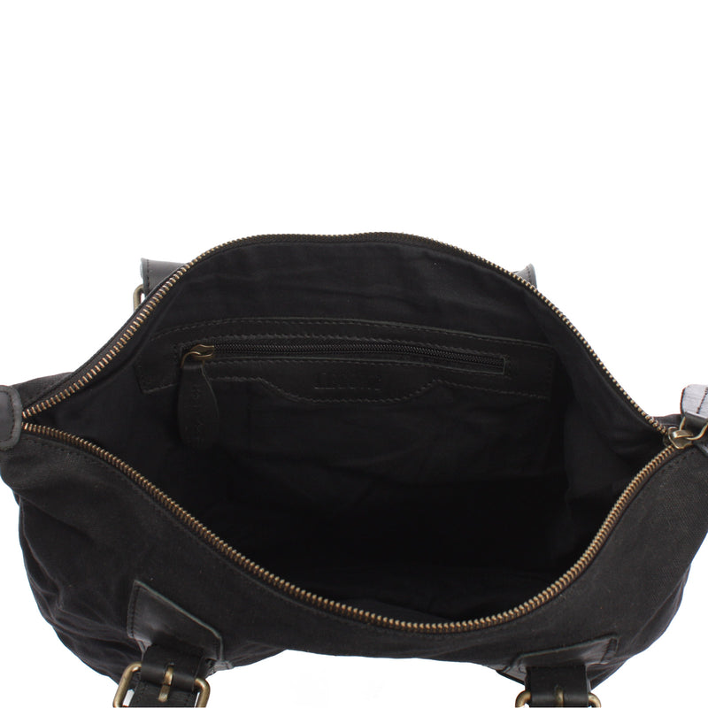 Leconi Schultertasche Henkeltasche Handtasche Leder Canvas schwarz LE0049 Outlet