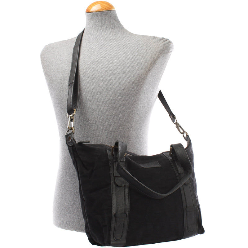 Leconi Schultertasche Henkeltasche Handtasche Leder Canvas schwarz LE0049 Outlet