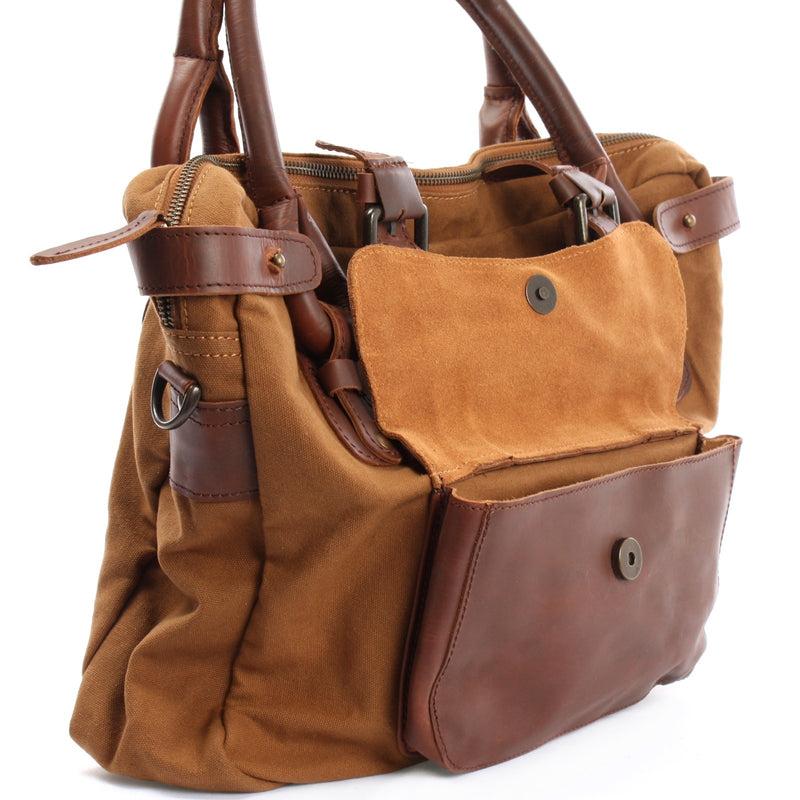 Leconi Schultertasche Henkeltasche Damentasche Handtasche Leder Canvas cognac LE0050 Auslauf