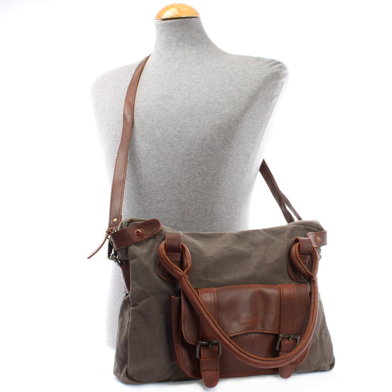 Leconi Schultertasche Henkeltasche Damentasche Handtasche Leder Canvas grau LE0050 Verkauf