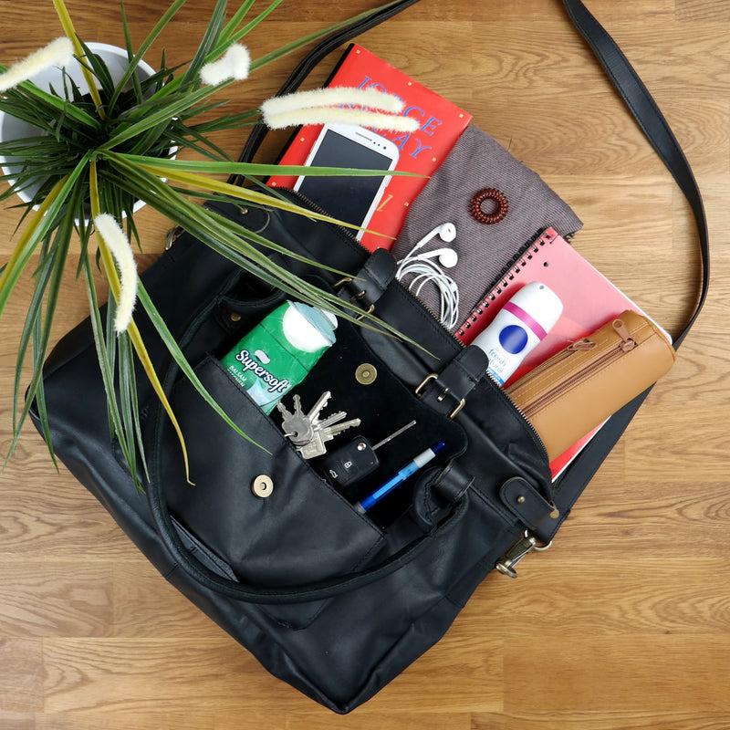 Leconi Schultertasche Henkeltasche Damentasche Handtasche Leder schwarz LE0050 Schlussverkauf