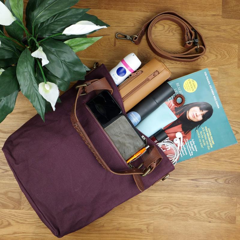 Leconi Schultertasche Umhängetasche Henkeltasche Shopper Damentasche Canvas Leder bordeaux LE0054 Günstiger Verkauf
