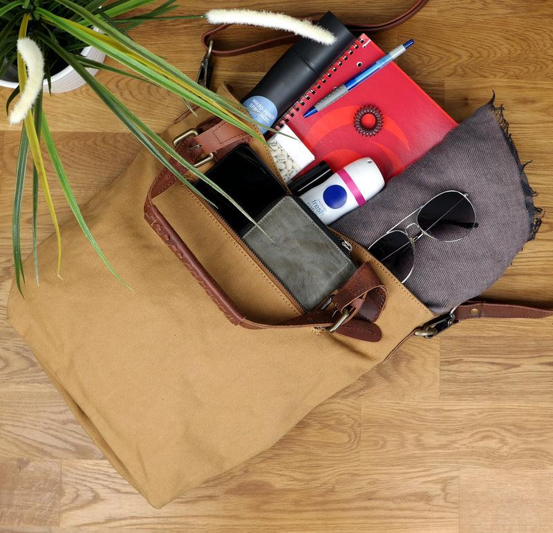 Leconi Schultertasche Umhängetasche Henkeltasche Shopper Damentasche Canvas Leder cognac LE0054 Fabrikverkauf