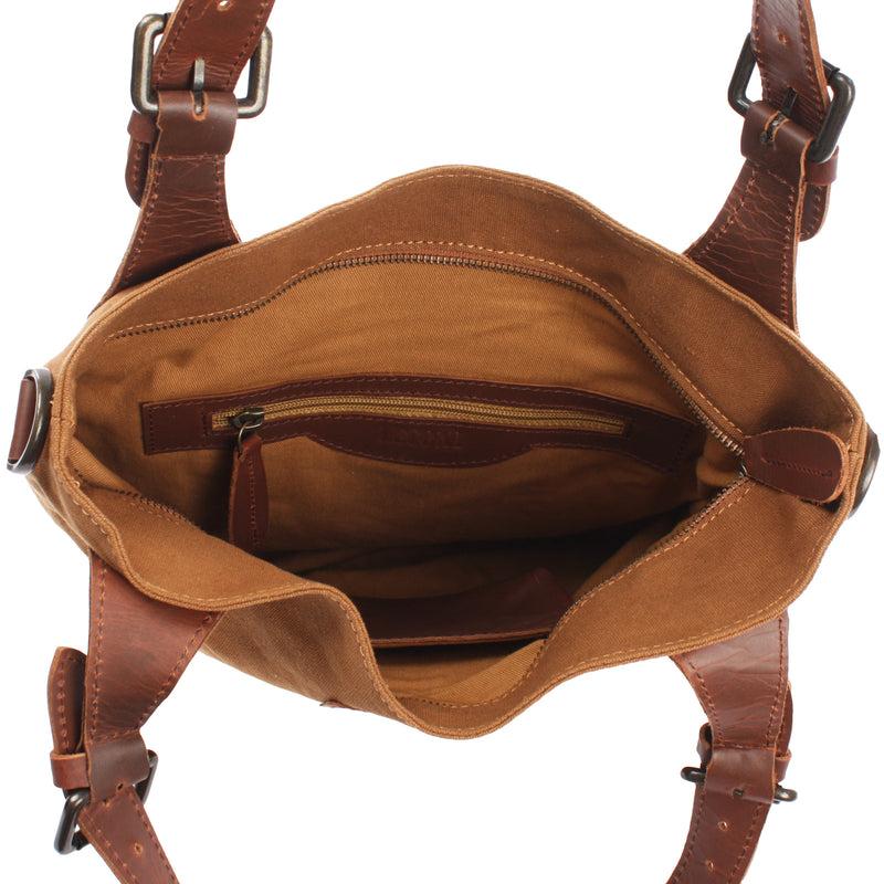 Leconi Schultertasche Umhängetasche Henkeltasche Shopper Damentasche Canvas Leder cognac LE0054 Fabrikverkauf