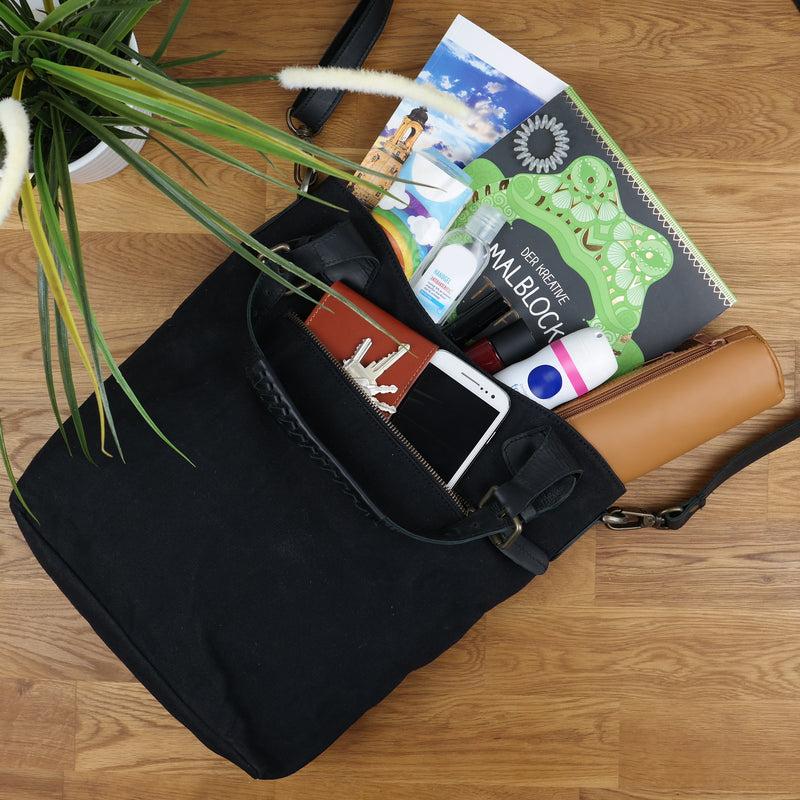 Leconi Schultertasche Umhängetasche Henkeltasche Shopper Damentasche Canvas Leder schwarz LE0054 Kostenloser Versand