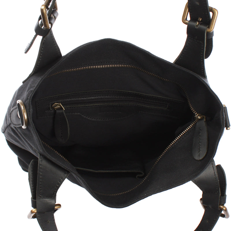 Leconi Schultertasche Umhängetasche Henkeltasche Shopper Damentasche Canvas Leder schwarz LE0054 Kostenloser Versand