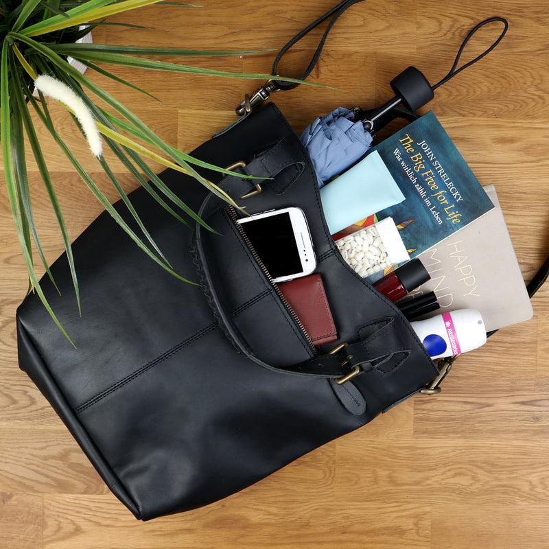 Leconi Umhängetasche Schultertasche Henkeltasche Damentasche Leder schwarz LE0054 Fabrikpreis