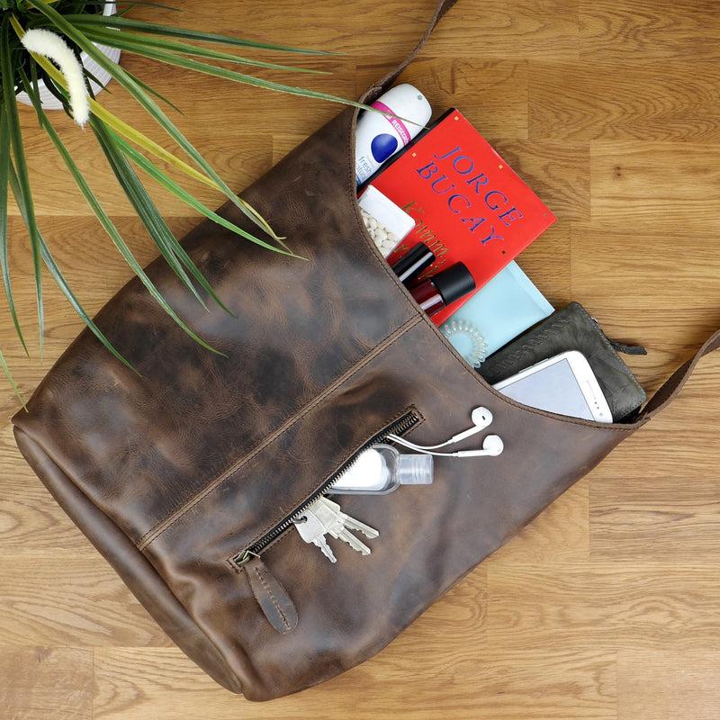 Leconi große Umhängetasche Schultertasche Beuteltasche Damentasche Leder schlamm LE0055 Sonderangebot