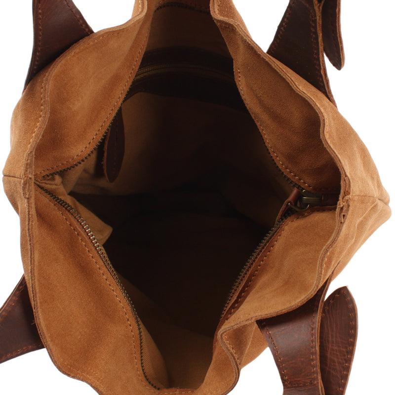 Leconi Henkeltasche Damentasche Veloursleder Leder cognac LE0033 Versandkostenfrei