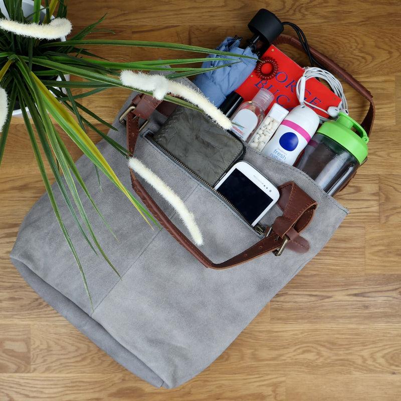 Leconi Henkeltasche Damentasche Veloursleder Leder grau LE0033 Flash Sale
