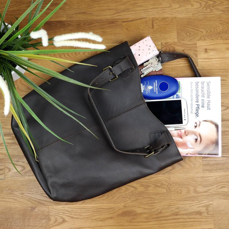 Leconi Henkeltasche Schultertasche Shopper Leder dunkelbraun LE0033 Preisnachlass