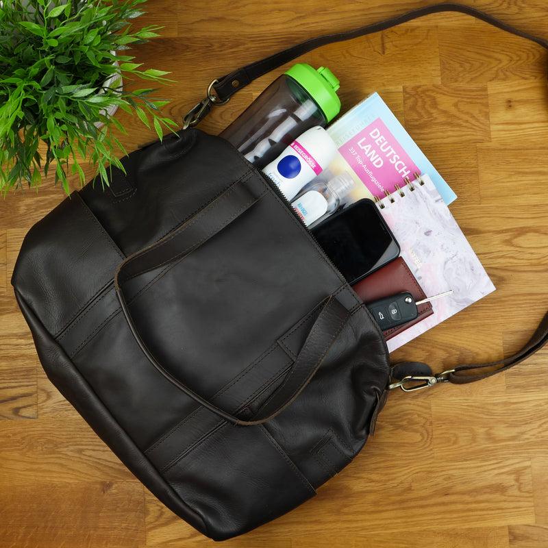 Leconi Shopper Schultertasche Henkeltasche Leder dunkelbraun LE0034 Osterangebot