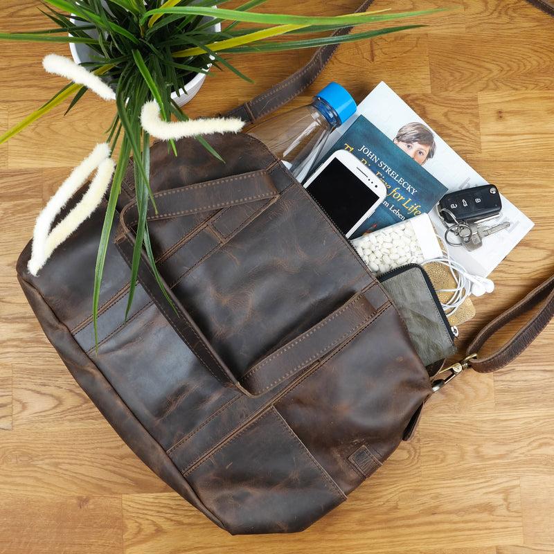 Leconi Shopper Schultertasche Henkeltasche Leder schlamm LE0034 Vatertagsangebot