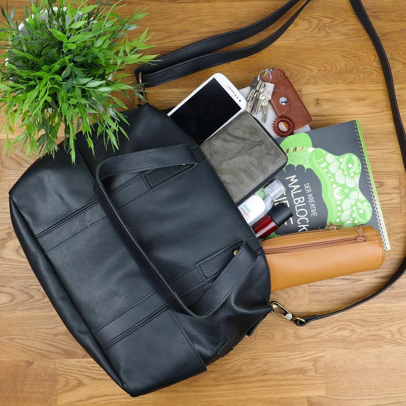 Leconi Shopper Schultertasche Henkeltasche Leder schwarz LE0034 Valentinstagsangebot