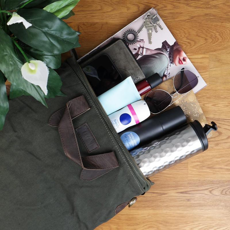 Leconi Shopper Henkeltasche Damen Canvas Leder grün LE0037 Heißer Verkauf
