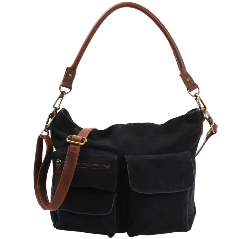 Leconi Schultertasche Umhängetasche Ledertasche Veloursleder anthrazit LE0039