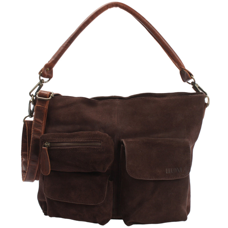 Leconi Schultertasche Umhängetasche Ledertasche Veloursleder dunkelbraun LE0039