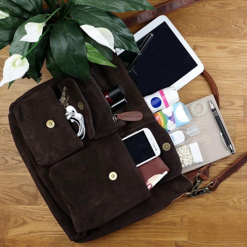 Leconi Schultertasche Umhängetasche Ledertasche Veloursleder dunkelbraun LE0039 Exklusive Angebote