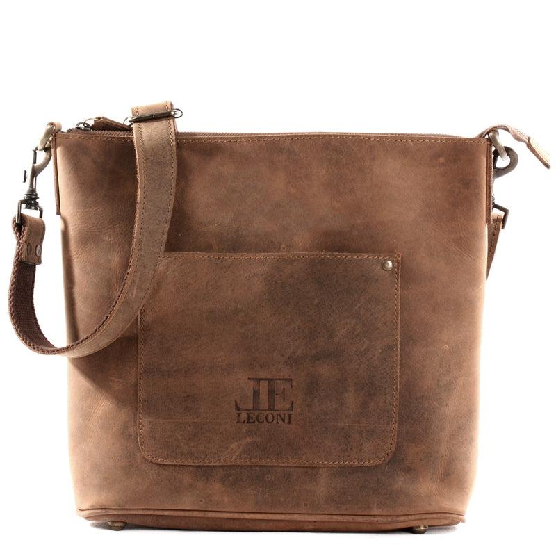 Leconi Umhängetasche Schultertasche Damentasche Ledertasche Leder braun LE3067
