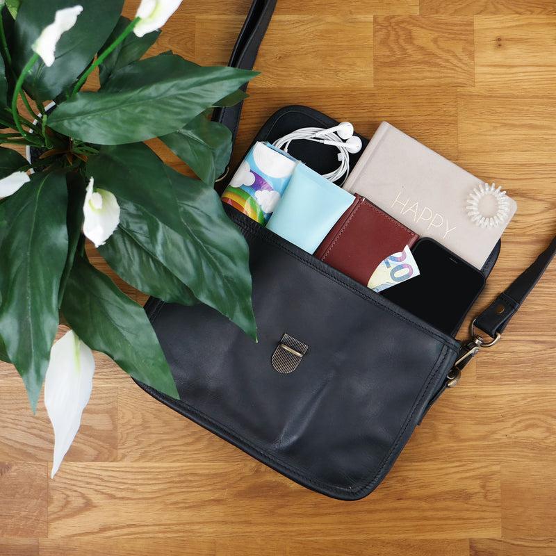 Leconi kleine Schultertasche Umhängetasche Leder Rindsleder schwarz LE3041 Bestseller