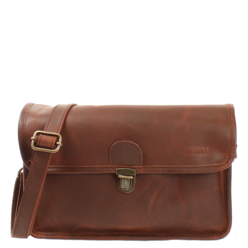 Leconi Schultertasche Umhängetasche Damen Leder gewachstes Rindsleder braun LE3044