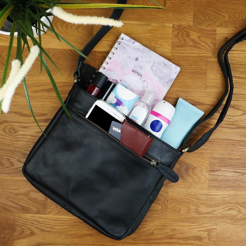Leconi Umhängetasche Schultertasche Freizeittasche Damentasche Leder schwarz LE3058 Letzte 3 Tage