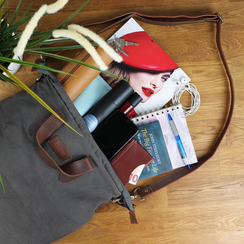Leconi Shopper Henkeltasche Damen Canvas Leder braun grau LE0037 Bis zu 50% Rabatt