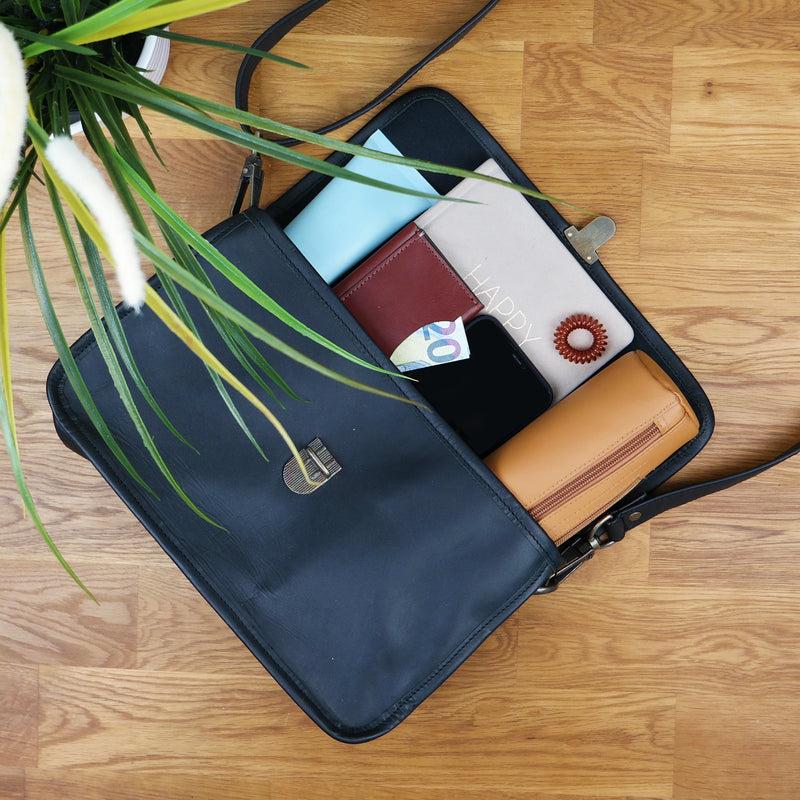 Leconi Schultertasche Umhängetasche Damen Leder gewachstes Rindsleder schwarz LE3044 Discount Store für neue Produkte